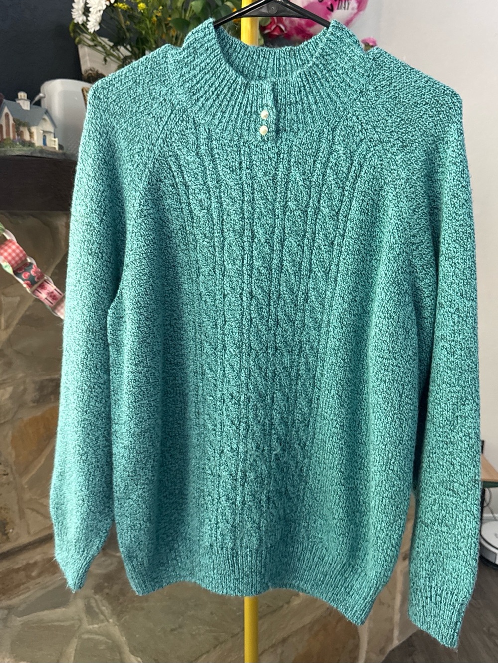 Karen Scott Teal Cable-Knit Mock Neck Sweater